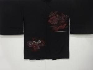 大正ロマン　漆　地紙に桐・牡丹模様織出し　一ツ紋絵羽織